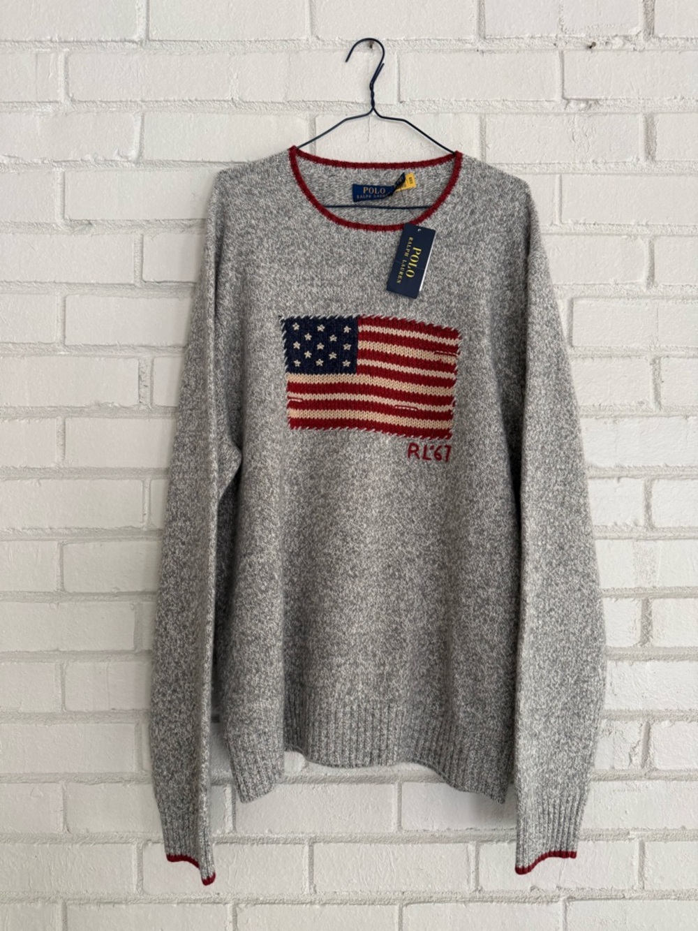 NWT Polo Ralph Lauren Gray Knit Wool Sweater with American Flag 🇺🇸